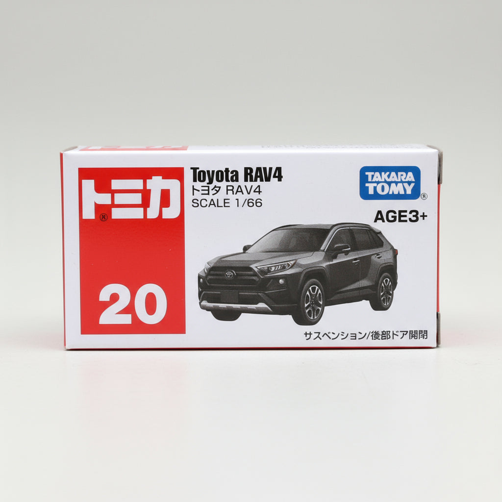Box of Takara Tomy Tomica Toyota RAV4 toy car model on a white background